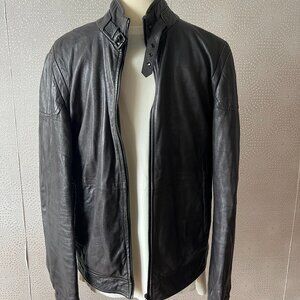 Hugo Boss Mens Brown Embossed Leather Full Zip Motorcycle Jacket Size 38R